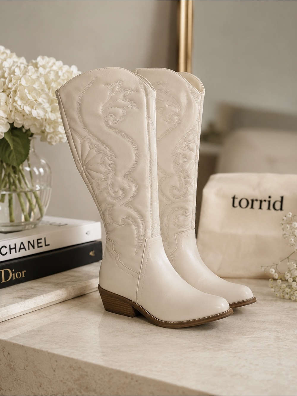 Cream  Western-Style Knee-High Boots